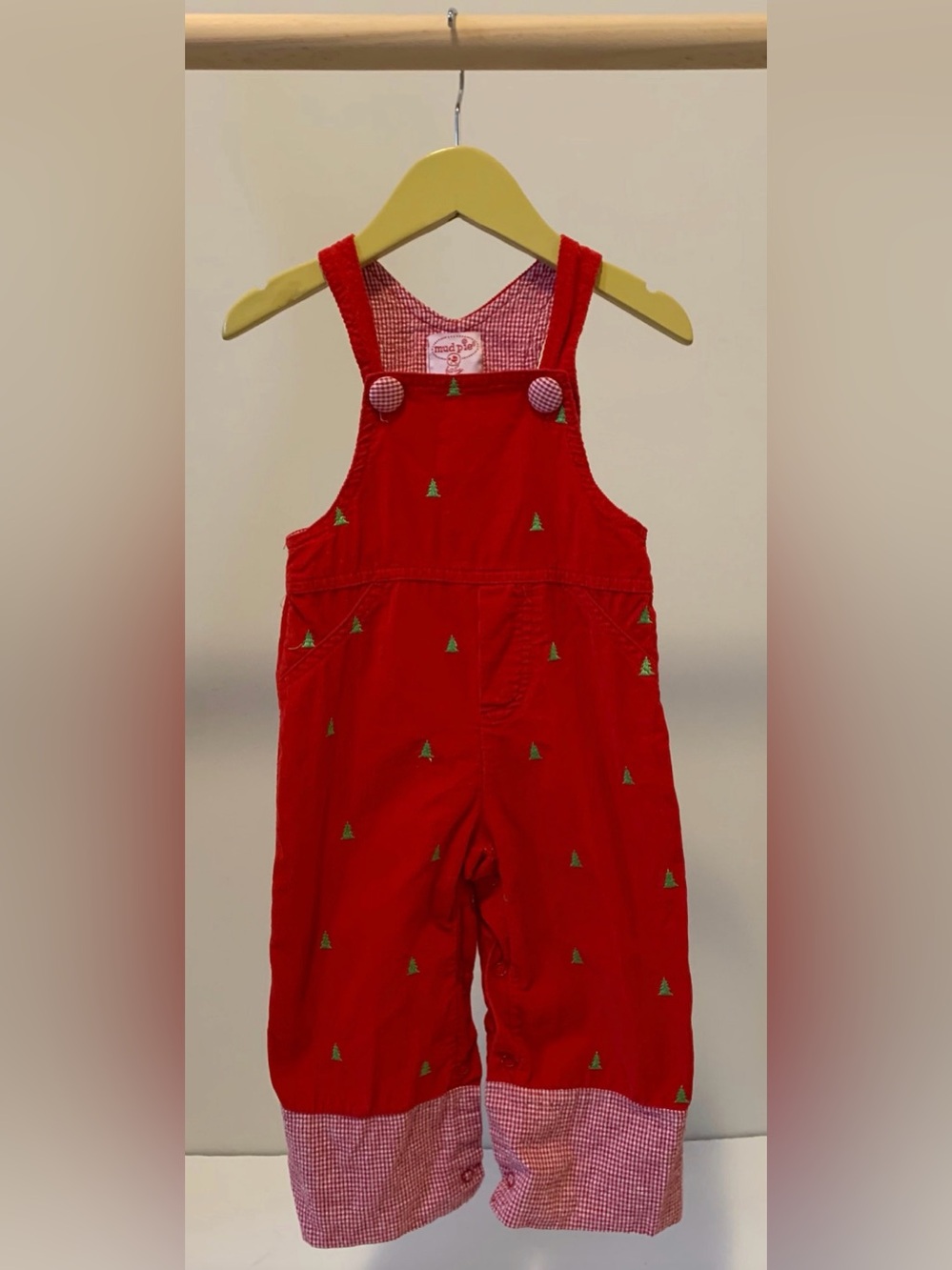 Mud Pie Red Christmas Overalls w Green Tree Embroidery & Gingham Details 12-18M